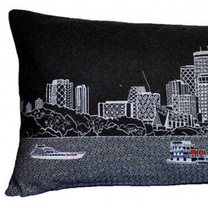 HomeRoots 14" Urban Chic Wool Lumbar Throw Pillow - Cozy Black, Gray & White Cityscape Design for Home Decor 482587