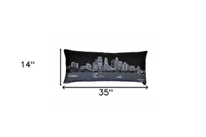 HomeRoots 14" Urban Chic Wool Lumbar Throw Pillow - Cozy Black, Gray & White Cityscape Design for Home Decor 482587