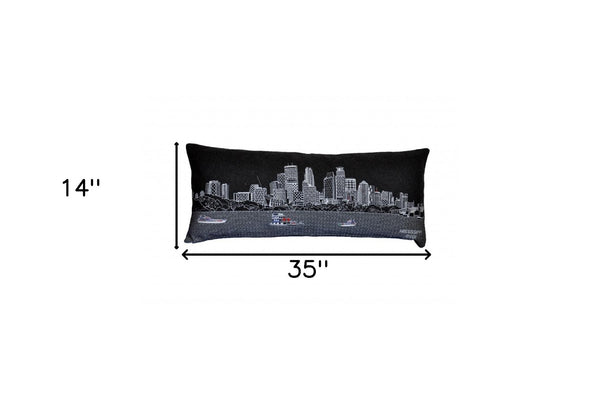 HomeRoots 14" Urban Chic Wool Lumbar Throw Pillow - Cozy Black, Gray & White Cityscape Design for Home Decor 482587