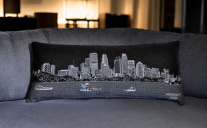 HomeRoots 14" Urban Chic Wool Lumbar Throw Pillow - Cozy Black, Gray & White Cityscape Design for Home Decor 482587