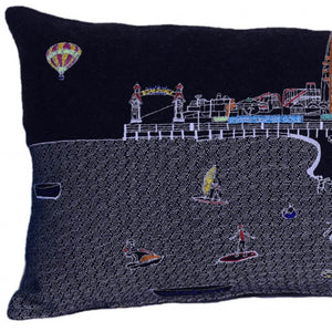 HomeRoots 14" Coastal Charm Wool Lumbar Throw Pillow with Ocean City Skyline Design for Supportive Comfort 482595
