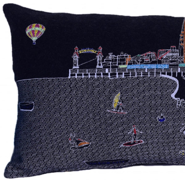 HomeRoots 14" Coastal Charm Wool Lumbar Throw Pillow with Ocean City Skyline Design for Supportive Comfort 482595