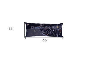 HomeRoots 14" Coastal Charm Wool Lumbar Throw Pillow with Ocean City Skyline Design for Supportive Comfort 482595