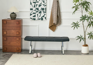 English Elm Dining Bench Faux Leather Upholstered Seat with Arched Metal Legs for Modern Interiors W3493P449289