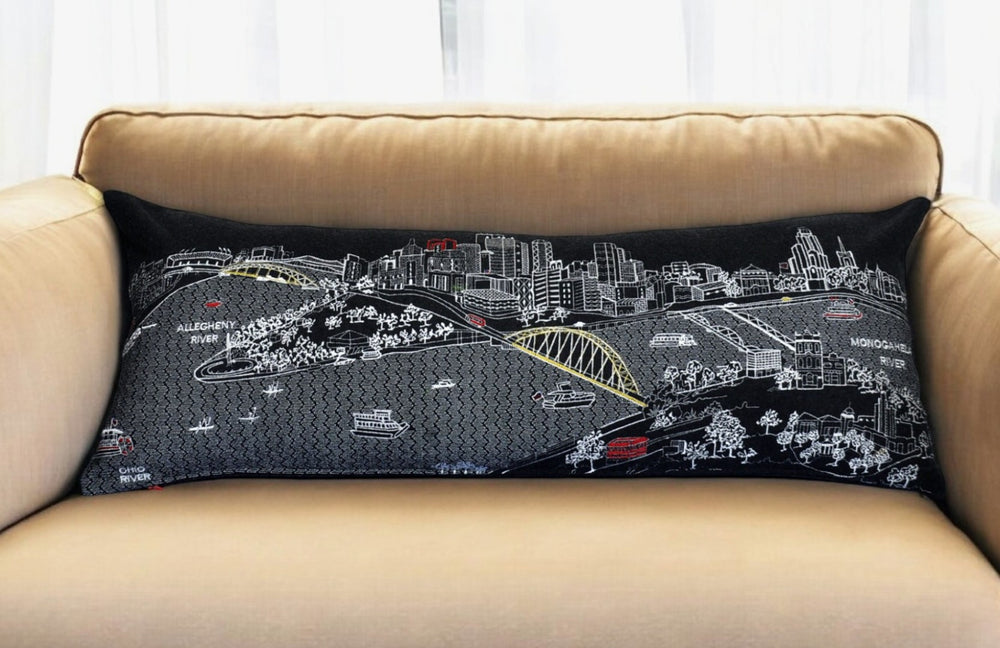 HomeRoots 14" Cozy Black, Gray & White Wool Lumbar Pillow with Pittsburgh Skyline – Stylish Home Accent Gift! 482601