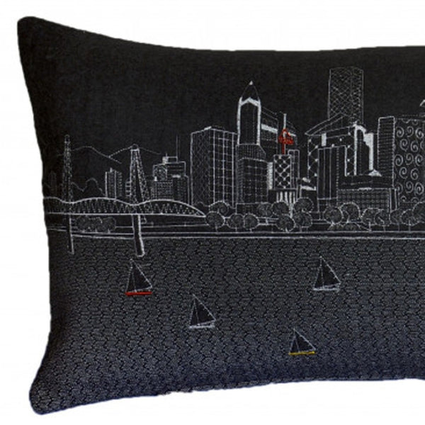 HomeRoots 14" Handcrafted Wool Lumbar Throw Pillow with Portland Cityscape Design for Stylish Comfort & Support 482603