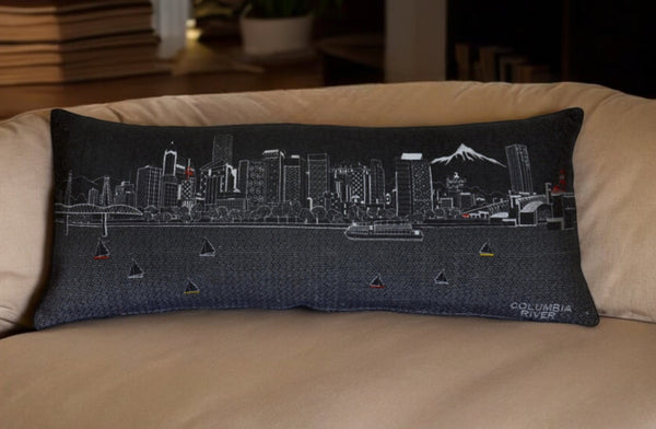 HomeRoots 14" Handcrafted Wool Lumbar Throw Pillow with Portland Cityscape Design for Stylish Comfort & Support 482603
