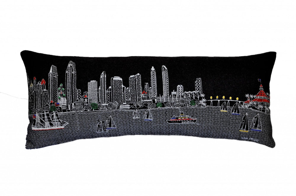 HomeRoots 14" Charming Black Gray & White Wool Lumbar Pillow with San Diego Cityscape for Stylish Comfort 482607