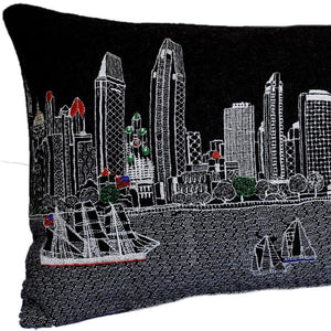 HomeRoots 14" Charming Black Gray & White Wool Lumbar Pillow with San Diego Cityscape for Stylish Comfort 482607
