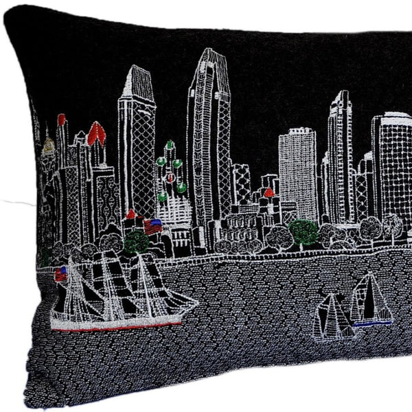 HomeRoots 14" Charming Black Gray & White Wool Lumbar Pillow with San Diego Cityscape for Stylish Comfort 482607