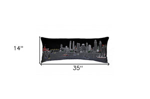 HomeRoots 14" Charming Black Gray & White Wool Lumbar Pillow with San Diego Cityscape for Stylish Comfort 482607