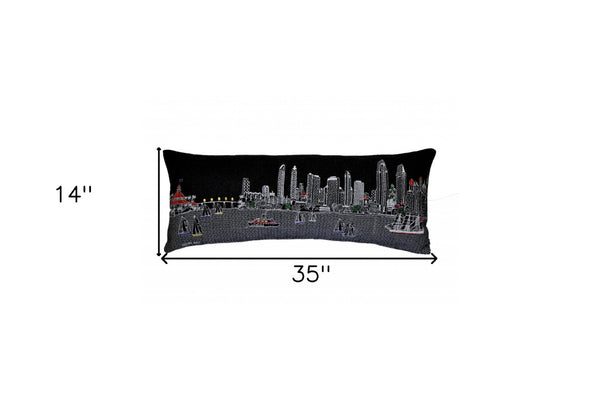 HomeRoots 14" Charming Black Gray & White Wool Lumbar Pillow with San Diego Cityscape for Stylish Comfort 482607