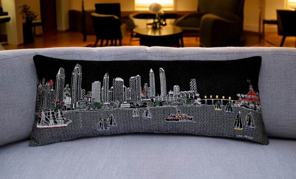 HomeRoots 14" Charming Black Gray & White Wool Lumbar Pillow with San Diego Cityscape for Stylish Comfort 482607