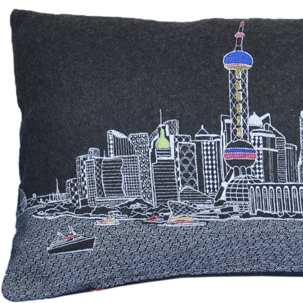 Homeroots 14" Hometown Pride Wool Lumbar Throw Pillow - Stylish Black, Gray & White Accent For Cozy Decor   482612