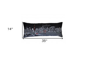 HomeRoots 14" Urban Charm Wool Lumbar Throw Pillow - Black, Gray & White Cityscape Design for Cozy Style 482618