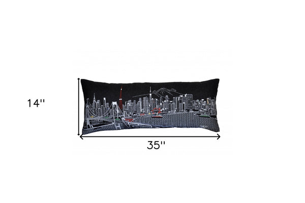 HomeRoots 14" Urban Charm Wool Lumbar Throw Pillow - Black, Gray & White Cityscape Design for Cozy Style 482618