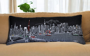 HomeRoots 14" Urban Charm Wool Lumbar Throw Pillow - Black, Gray & White Cityscape Design for Cozy Style 482618
