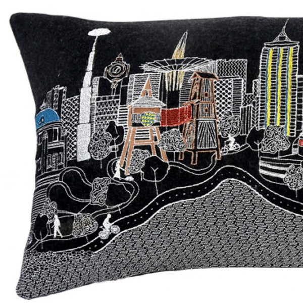 HomeRoots 14" Stylish Black Gray and White Wool Lumbar Pillow with Cityscape Design for Cozy Comfort 482620