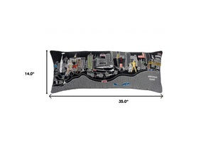 HomeRoots 14" Stylish Black Gray and White Wool Lumbar Pillow with Cityscape Design for Cozy Comfort 482620