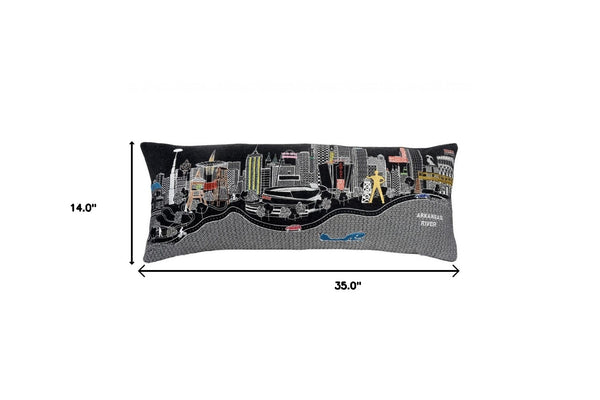 HomeRoots 14" Stylish Black Gray and White Wool Lumbar Pillow with Cityscape Design for Cozy Comfort 482620