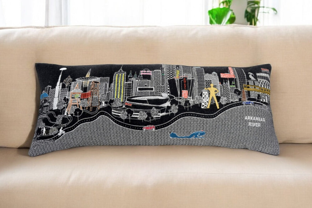 HomeRoots 14" Stylish Black Gray and White Wool Lumbar Pillow with Cityscape Design for Cozy Comfort 482620
