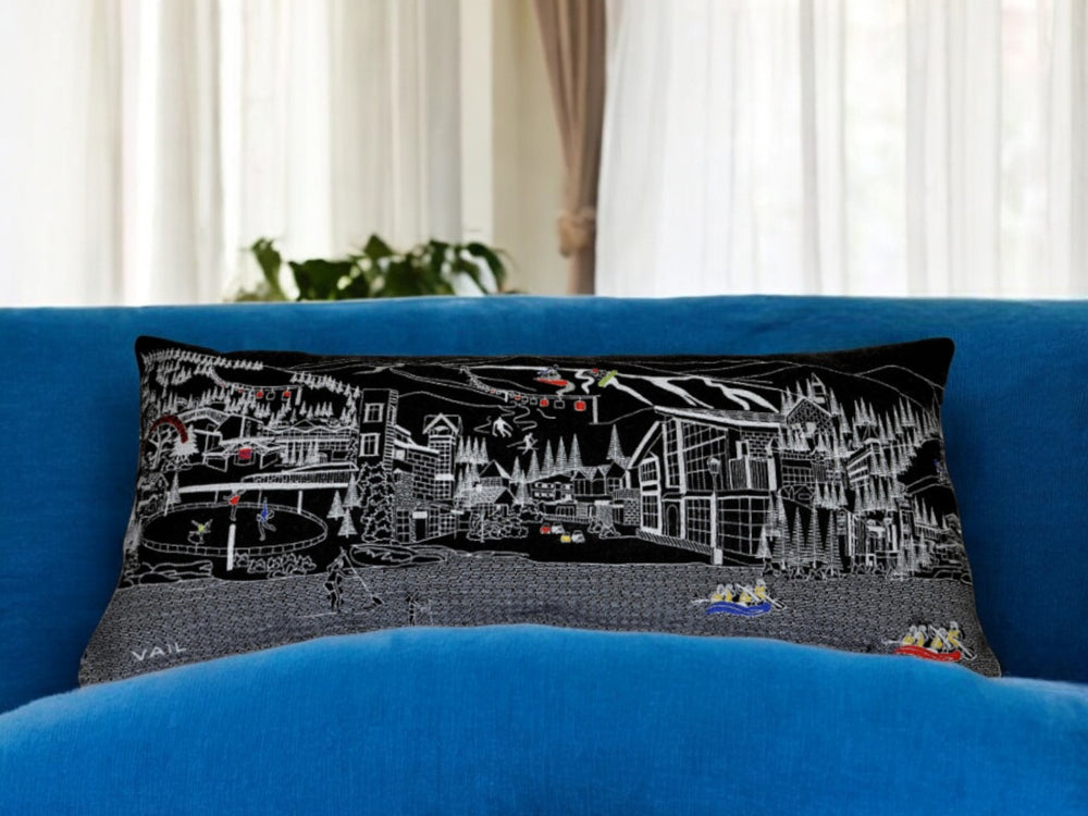 HomeRoots 14" Hometown Pride Wool Lumbar Throw Pillow with Vail Cityscape – Cozy Decor for Any Space 482622