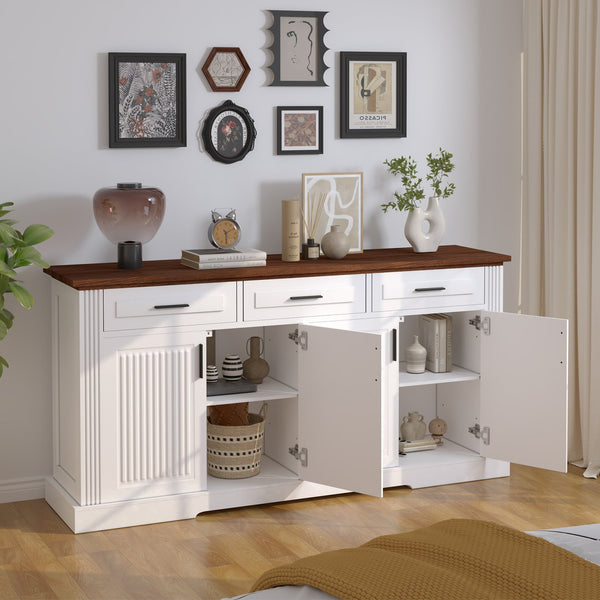 English Elm 63" Fluted Sideboard Buffet Cabinet with Coffee Bar Storage, 4 Doors 3 Drawers, Smooth Silent Slides White W2917P319113