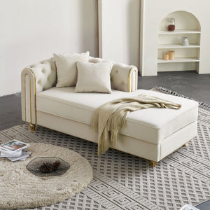 English Elm 66.9''W Velvet Chaise Lounge with Tufted Back and Gold Trim, Luxury Modern Sofa for Living Room Beige W579P224630