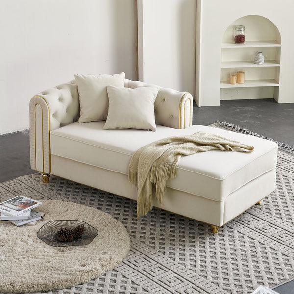 English Elm 66.9''W Velvet Chaise Lounge with Tufted Back and Gold Trim, Luxury Modern Sofa for Living Room Beige W579P224630