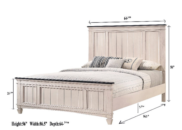 English Elm 1pc Rustic Industrial Queen Panel Bed with Cutout Headboard and Bench-Style Footboard, Solid Wood Finish Beige+Brown 69.5 L x 40.25 W x 6.15 H B011S01346