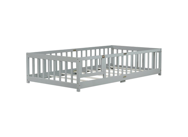 English Elm Twin Size Floor Bed With Built-In Fence & Door, Eco-Friendly Rubberwood Frame For Kids' Safety & Style W504P286372-GIGA