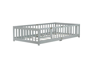 English Elm Twin Low Profile Rubberwood Floor Bed with Full Safety Fence for Toddler Rooms Grey W504P429267