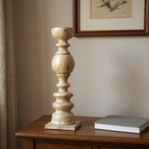 HomeRoots 29" Natural Floor Solid Wood Candle Holder - Hand-Turned, Whitewashed Charm for Rustic Elegance 482662