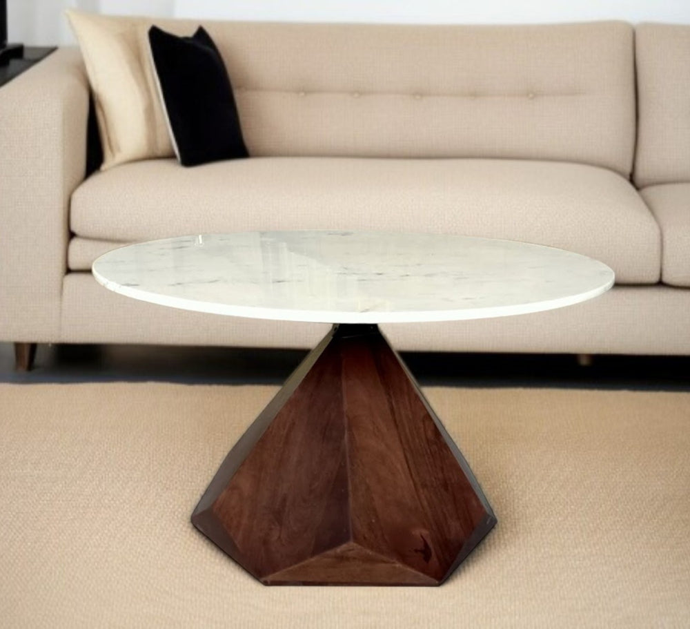 HomeRoots 32" Striking Brown Solid Wood & Polished Marble Round Coffee Table for Modern Living Room Elegance 482664