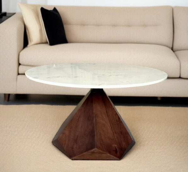 HomeRoots 32" Striking Brown Solid Wood & Polished Marble Round Coffee Table for Modern Living Room Elegance 482664