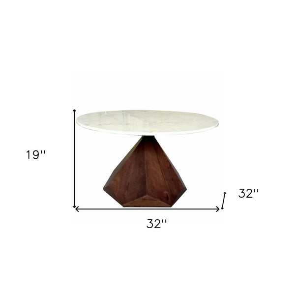 HomeRoots 32" Striking Brown Solid Wood & Polished Marble Round Coffee Table for Modern Living Room Elegance 482664