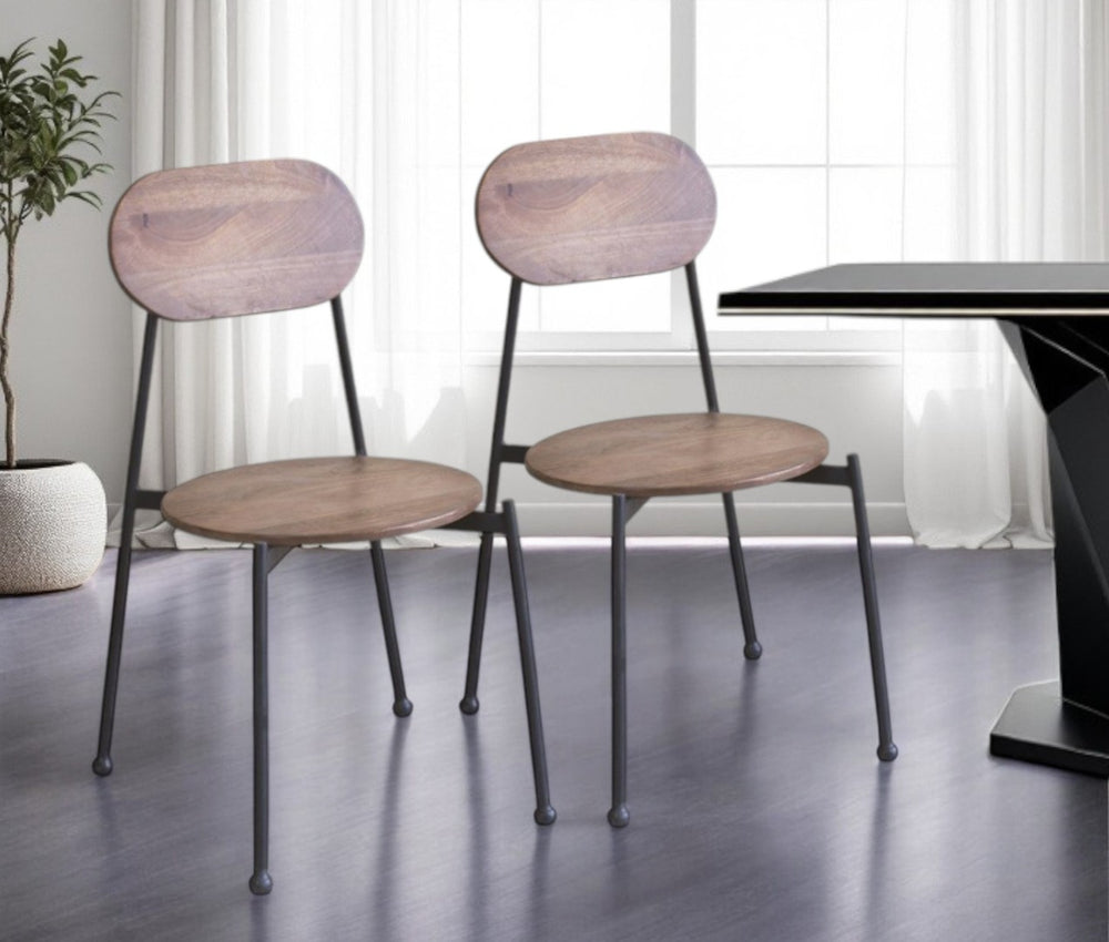 HomeRoots Set of Two Elegant King Louis Dining Side Chairs in Brown Wood & Black Metal for Timeless Style 482667