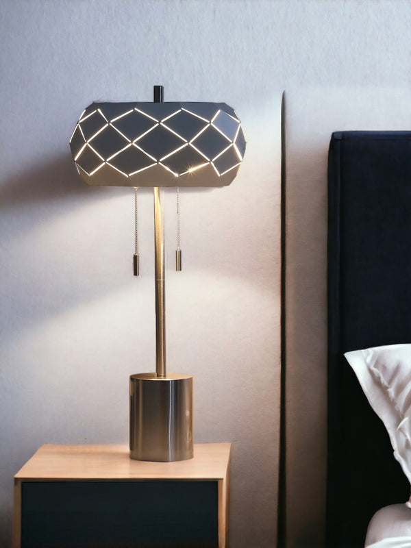 HomeRoots 28" Silver Metal Table Lamp – Modern Geometric Laser-Cut Shade for Stylish Ambient Illumination 482668