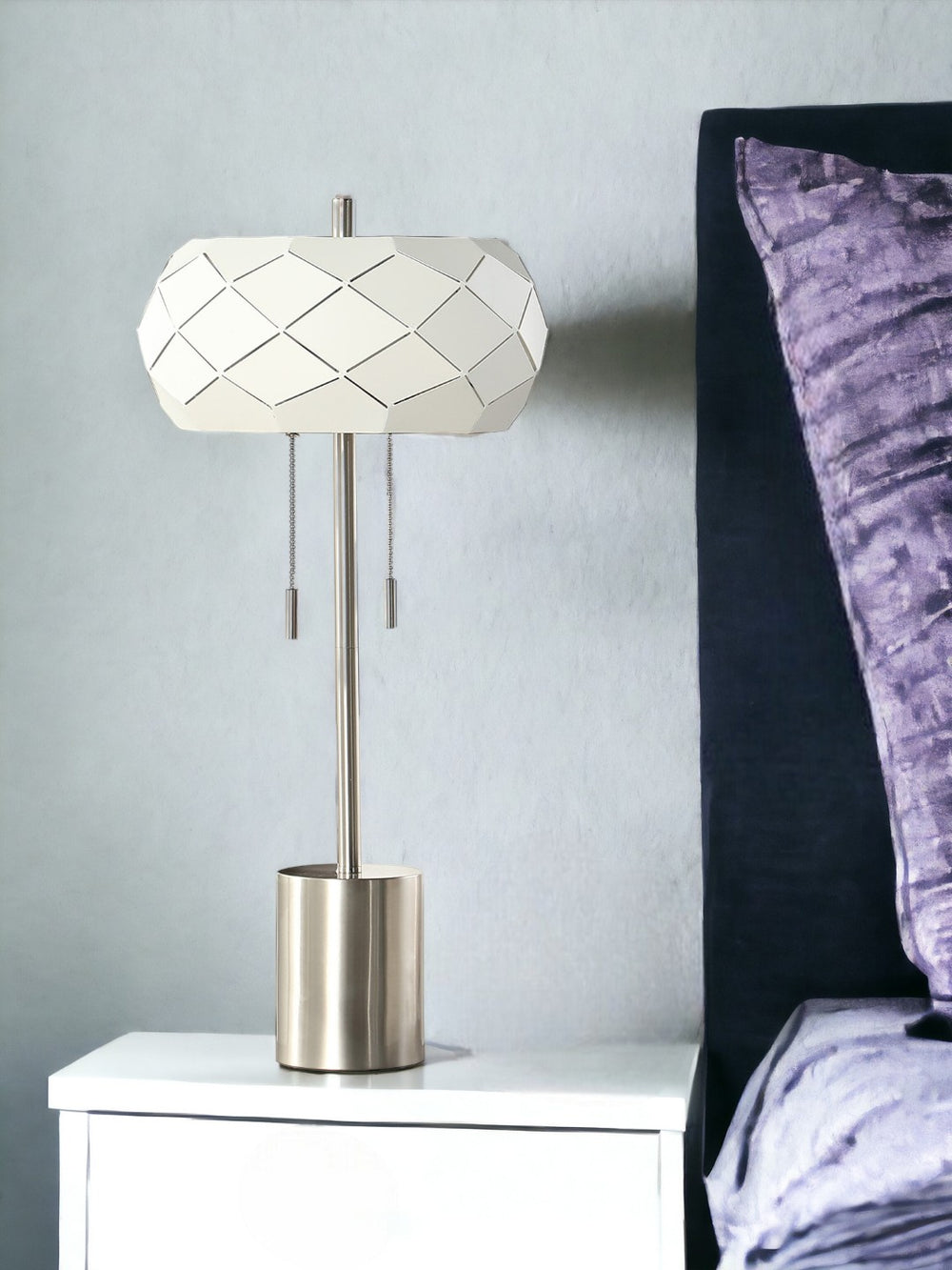 HomeRoots 28" Silver Metal Table Lamp – Modern Geometric Laser-Cut Shade for Stylish Ambient Illumination 482668
