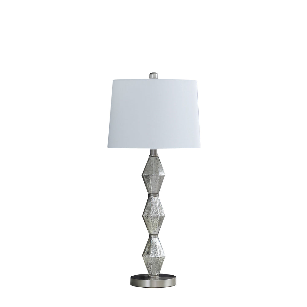 Homeroots 30" Brushed Silver Geo Glass Table Lamp With White Shade   482670
