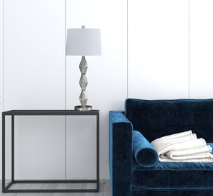 Homeroots 30" Brushed Silver Geo Glass Table Lamp With White Shade   482670