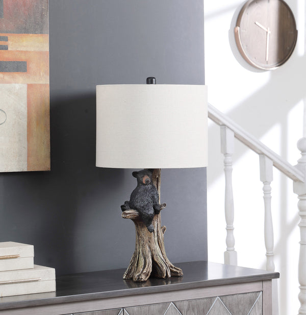 Homeroots 25" Black Blear In A Tree  Table Lamp With Beige Shade   482672