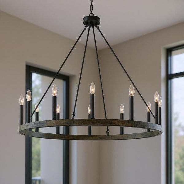 Black Dimmable Twelve Light Metal Chandelier for Elegant Dining and Living Spaces