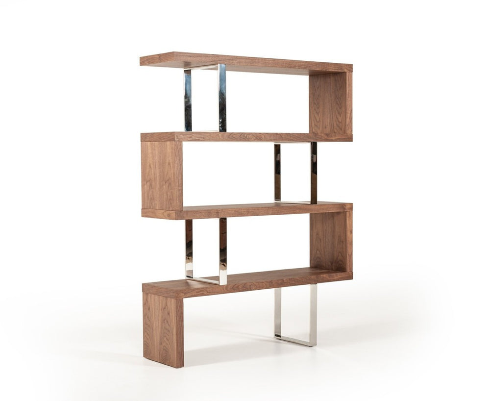 HomeRoots 67" Walnut Zig Zag Bookcase - Modern Four-Tier Shelving Unit with Chrome Accents for Stylish Storage 482697
