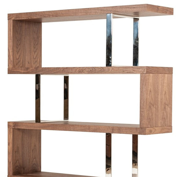 Homeroots 67" Walnut Manufactured Wood Four Tier Zig Zag Bookcase   482697