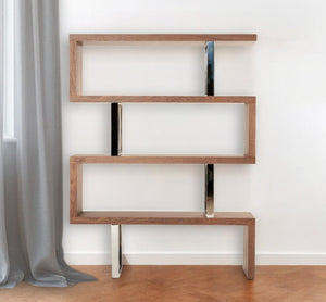 HomeRoots 67" Walnut Zig Zag Bookcase - Modern Four-Tier Shelving Unit with Chrome Accents for Stylish Storage 482697
