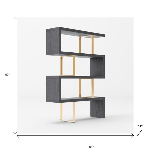 HomeRoots Gold Four-Tier Bookcase with Zig-Zag Design - Modern Gray & Gold Shelving for Stylish Storage Solutions 482698