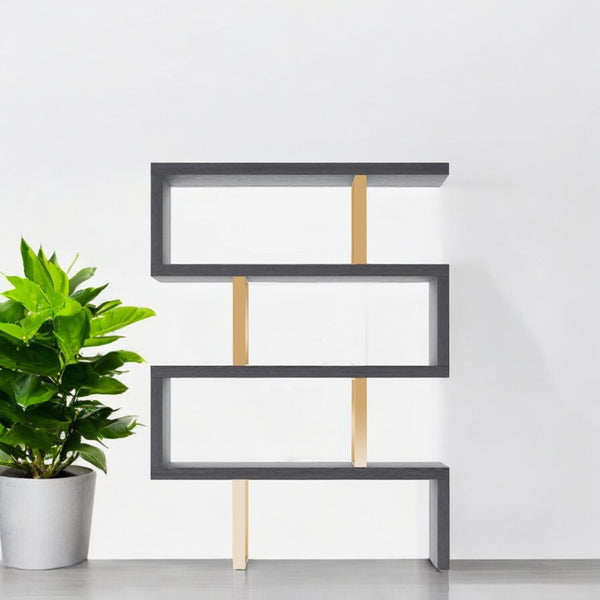 HomeRoots Gold Four-Tier Bookcase with Zig-Zag Design - Modern Gray & Gold Shelving for Stylish Storage Solutions 482698