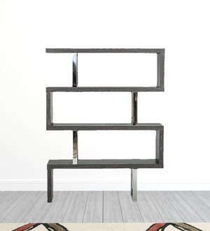 HomeRoots 67" Grey Elm Zig Zag Bookcase with Chrome Frame - Stylish Four-Tier Display for Modern Homes 482699