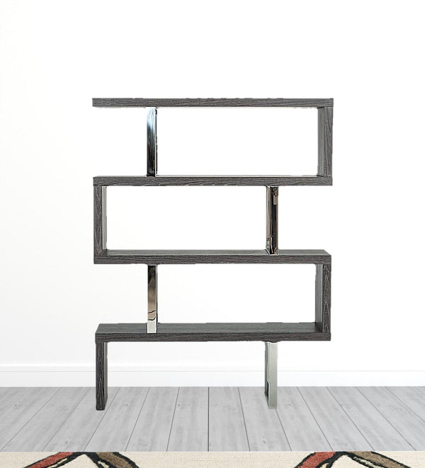 HomeRoots 67" Grey Elm Zig Zag Bookcase with Chrome Frame - Stylish Four-Tier Display for Modern Homes 482699
